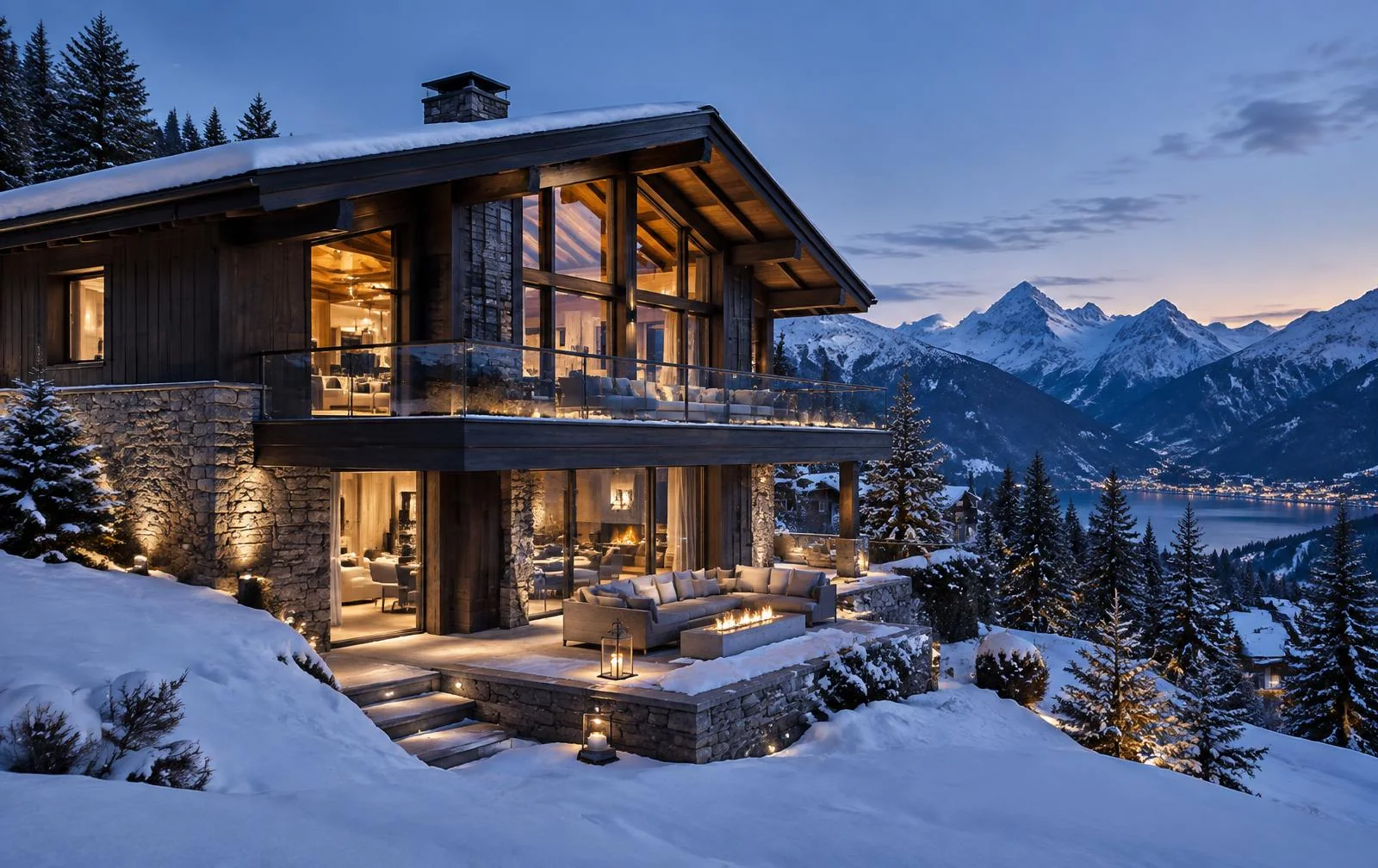 Private alpine chalet at dusk